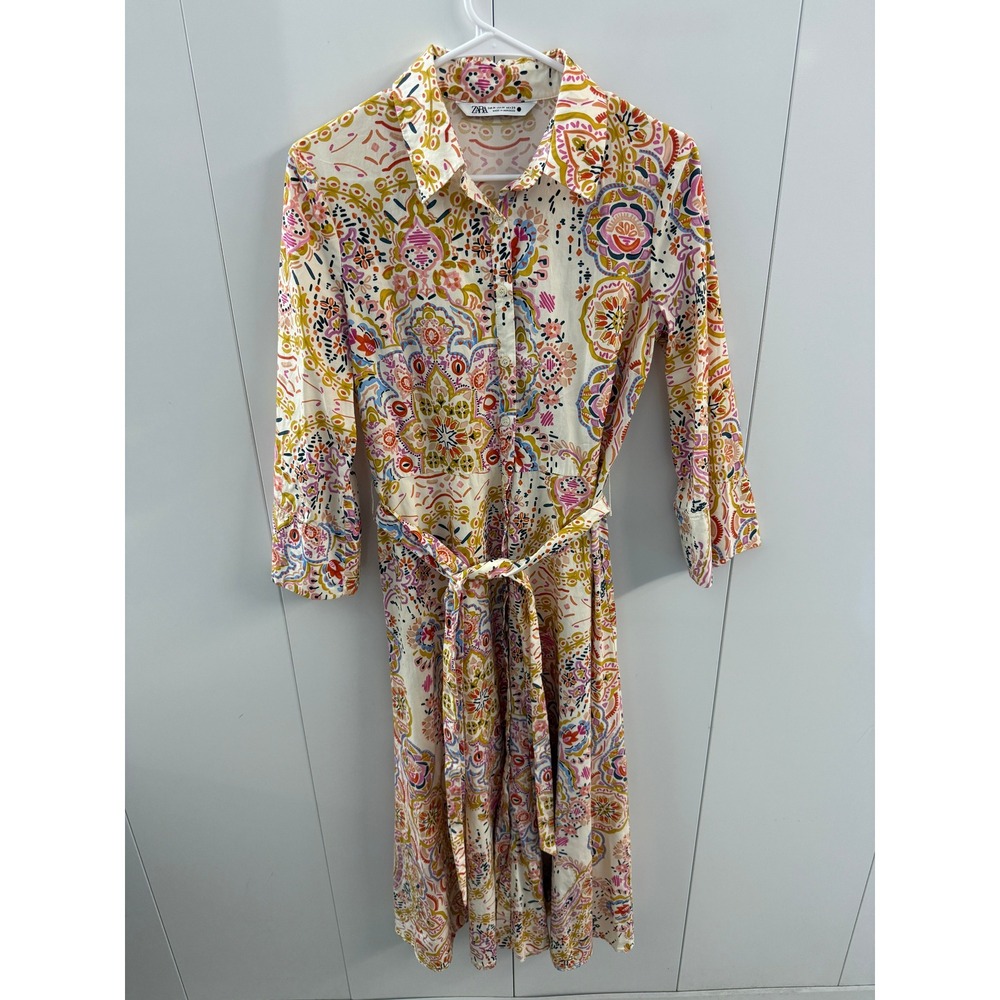Zara Cream Midi Shirt Dress with Multicolor Paisley Print